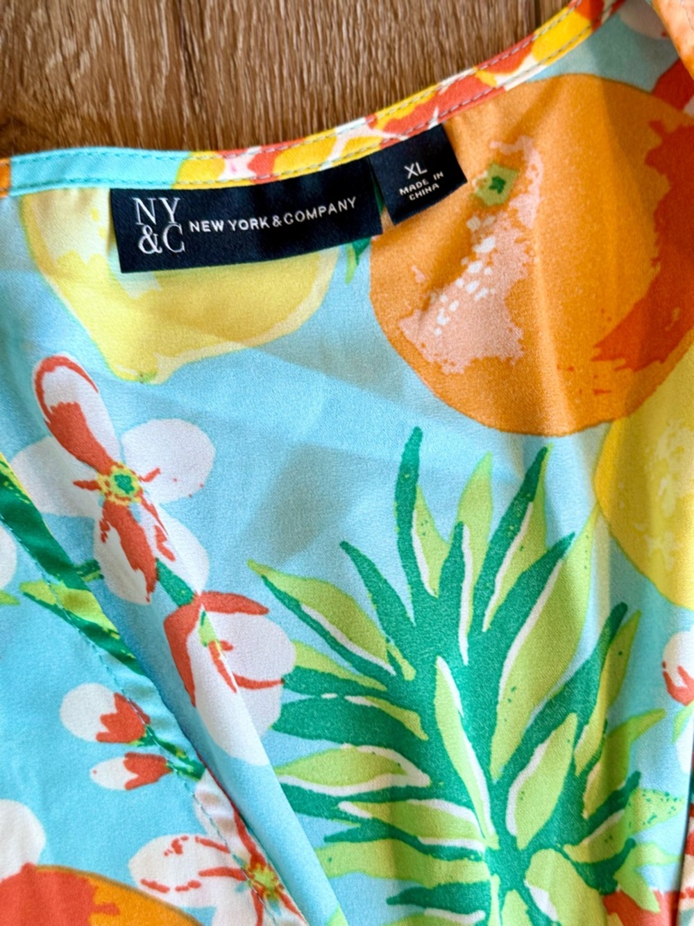 New York & Company Aqua Tropical Floral Print Top with Orange Accents
